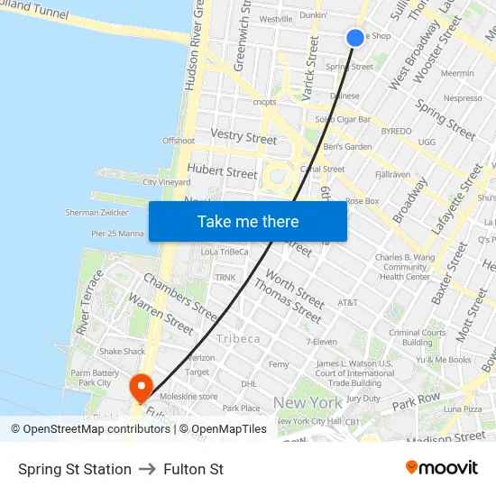 Spring St Station to Fulton St map