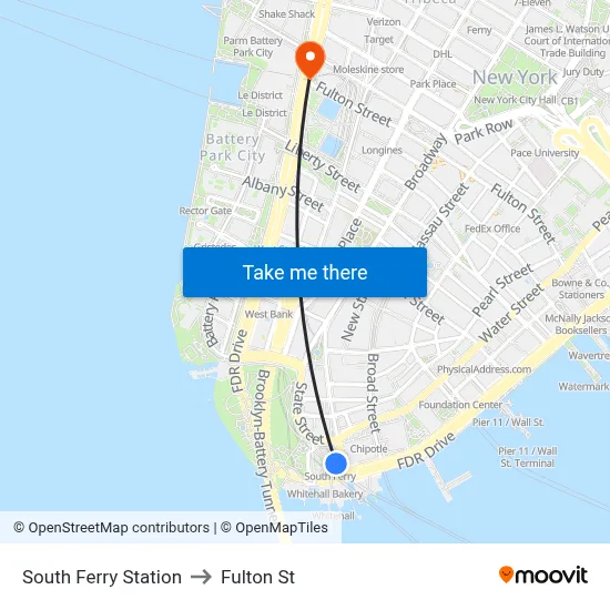 South Ferry Station to Fulton St map