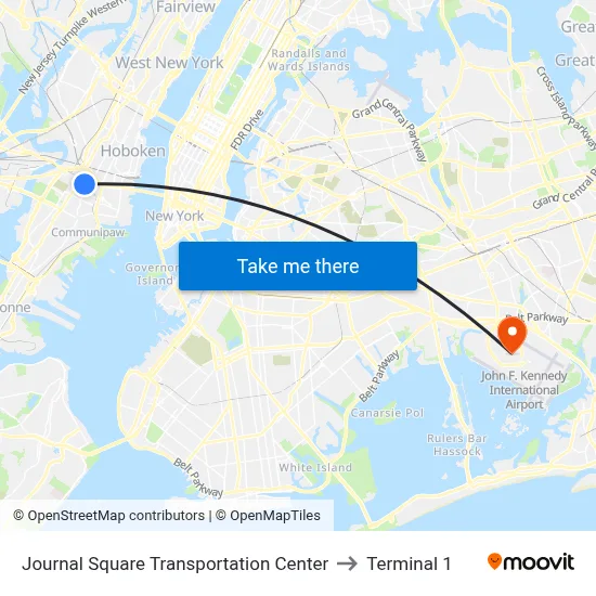 Journal Square Transportation Center to Terminal 1 map