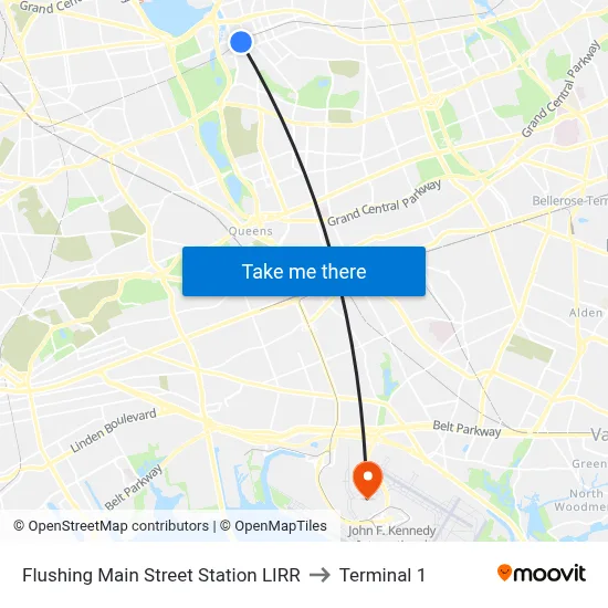 Flushing Main Street Station LIRR to Terminal 1 map