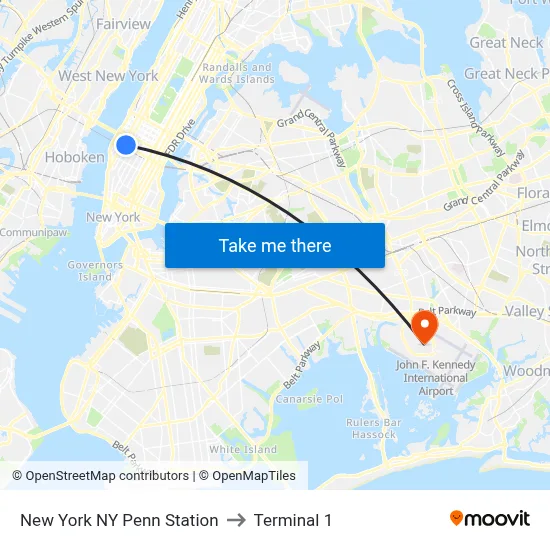 New York NY Penn Station to Terminal 1 map