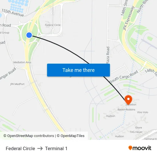 Federal Circle to Terminal 1 map