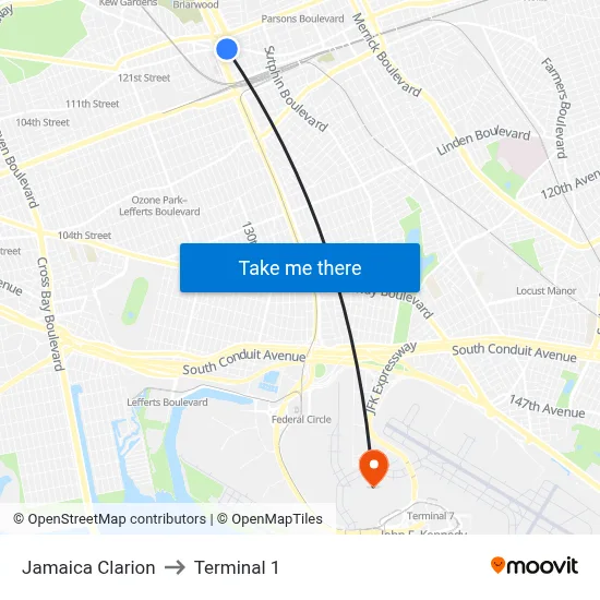 Jamaica Clarion, 138-05 Jamaica Ave to Terminal 1 map