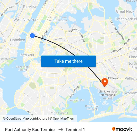 Port Authority Bus Terminal to Terminal 1 map