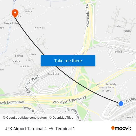 JFK Airport Terminal 4 to Terminal 1 map