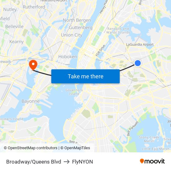 Broadway/Queens Blvd to FlyNYON map