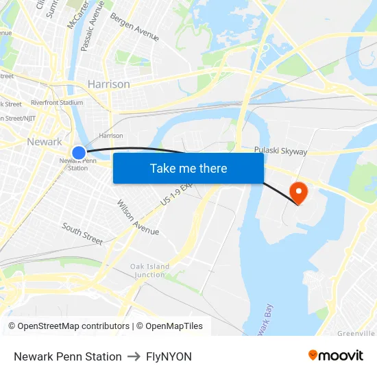 Newark Penn Station to FlyNYON map