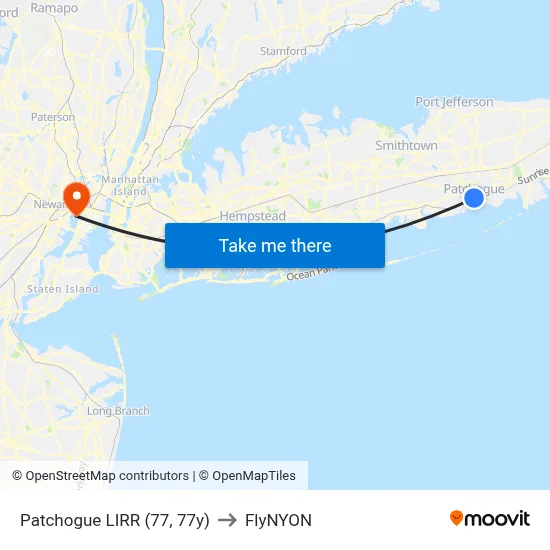 Patchogue LIRR (77, 77y) to FlyNYON map