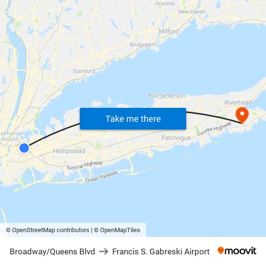 Broadway/Queens Blvd to Francis S. Gabreski Airport map
