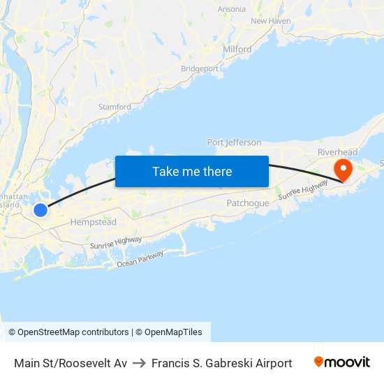 Main St/Roosevelt Av to Francis S. Gabreski Airport map