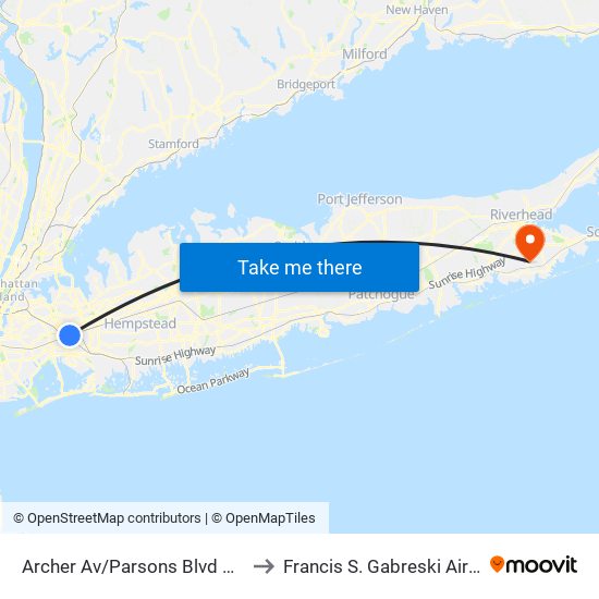 Archer Av/Parsons Blvd Bay D to Francis S. Gabreski Airport map