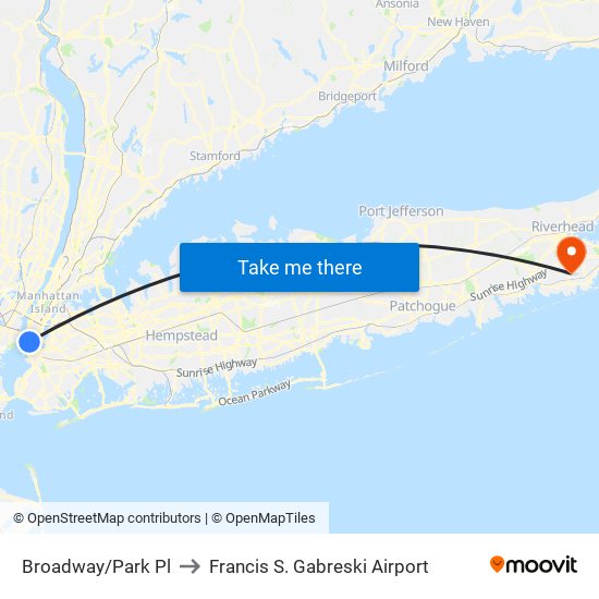 Broadway/Park Pl to Francis S. Gabreski Airport map
