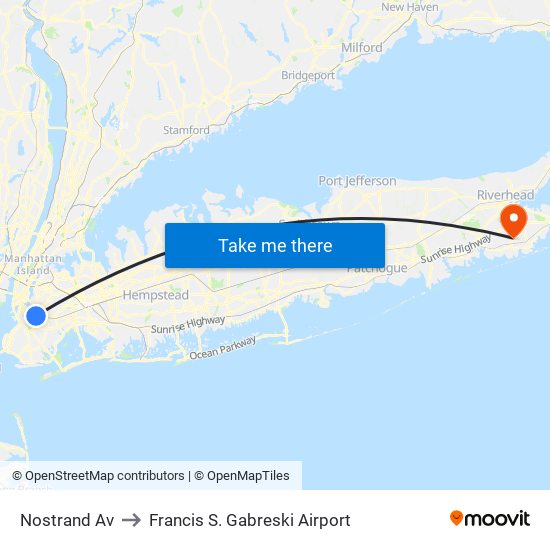 Nostrand Av to Francis S. Gabreski Airport map