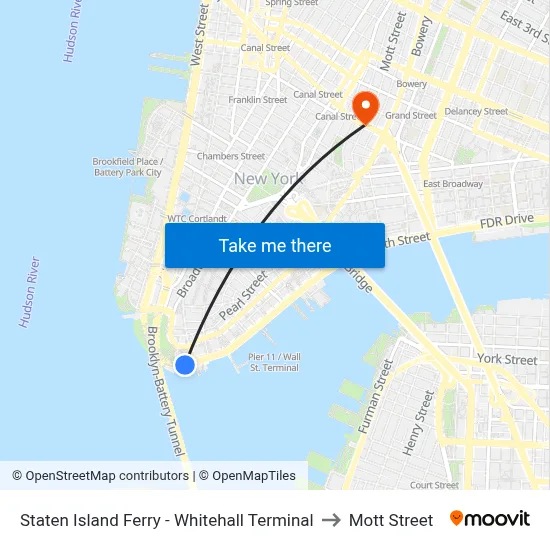 Staten Island Ferry - Whitehall Terminal to Mott Street map
