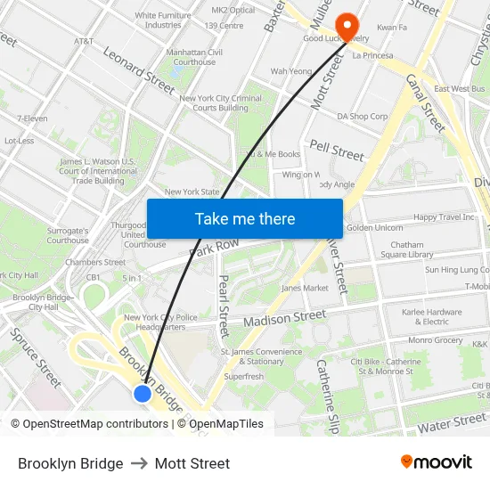 Brooklyn Bridge to Mott Street map