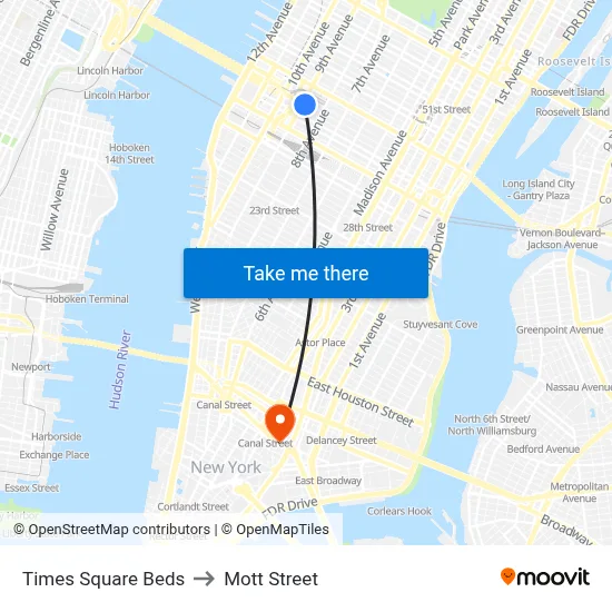 Times Square Beds to Mott Street map