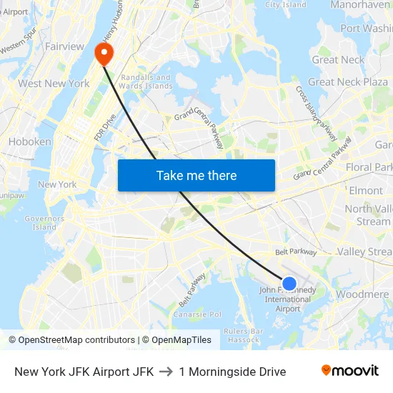 New York JFK Airport JFK to 1 Morningside Drive map