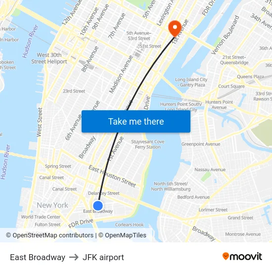 East Broadway to JFK airport map