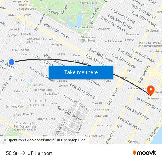 50 St to JFK airport map