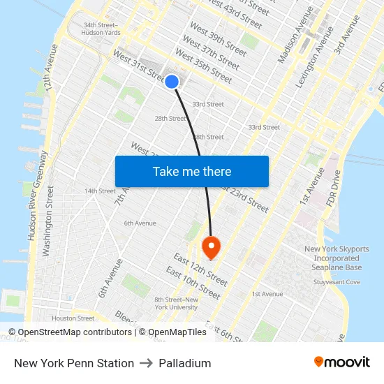 New York Penn Station to Palladium map