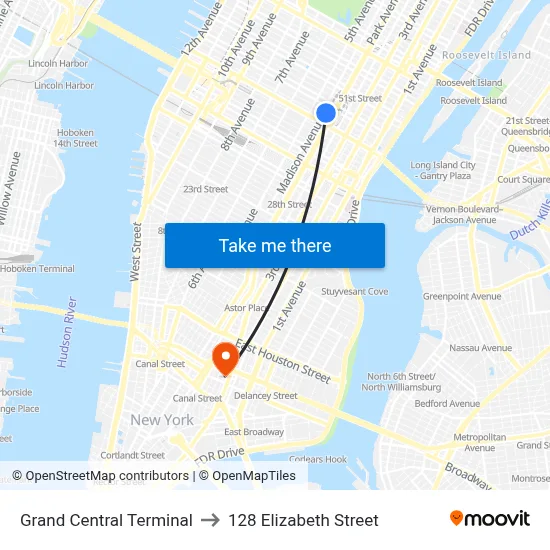 Grand Central Terminal to 128 Elizabeth Street map