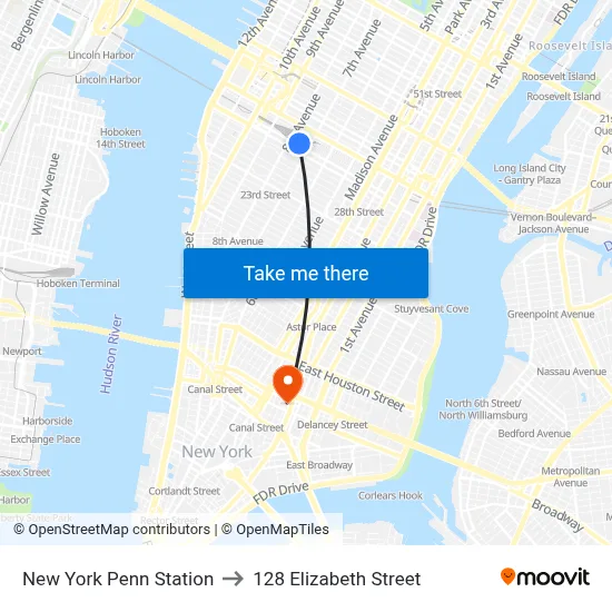New York Penn Station to 128 Elizabeth Street map