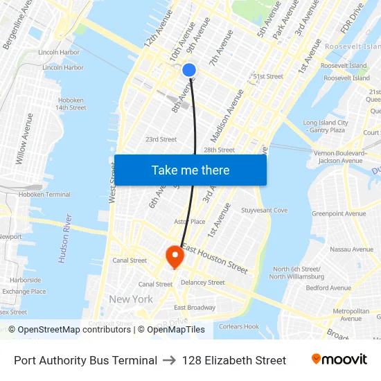 Port Authority Bus Terminal to 128 Elizabeth Street map