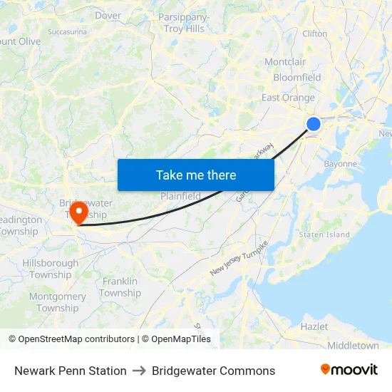 Newark Penn Station to Bridgewater Commons map