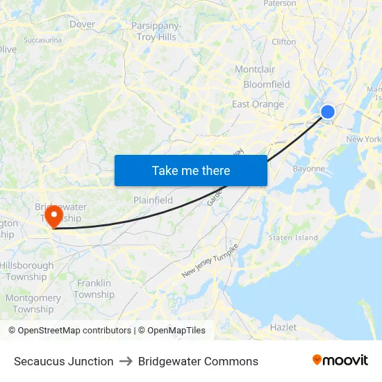 Secaucus Junction to Bridgewater Commons map