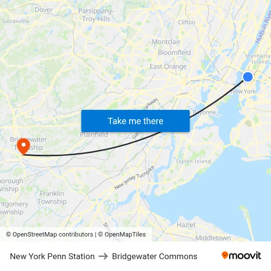 New York Penn Station to Bridgewater Commons map