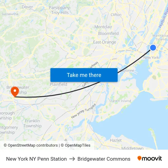 New York NY Penn Station to Bridgewater Commons map