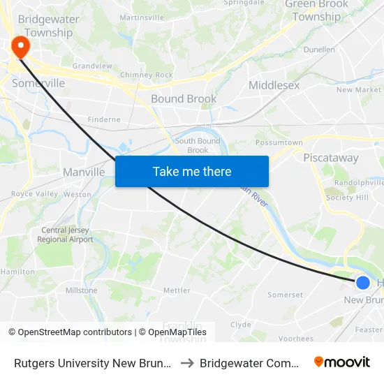 Rutgers University New Brunswick to Bridgewater Commons map