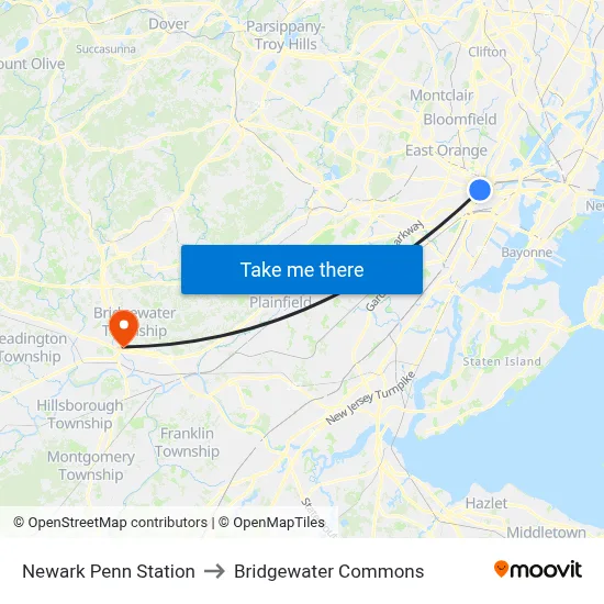 Newark Penn Station to Bridgewater Commons map