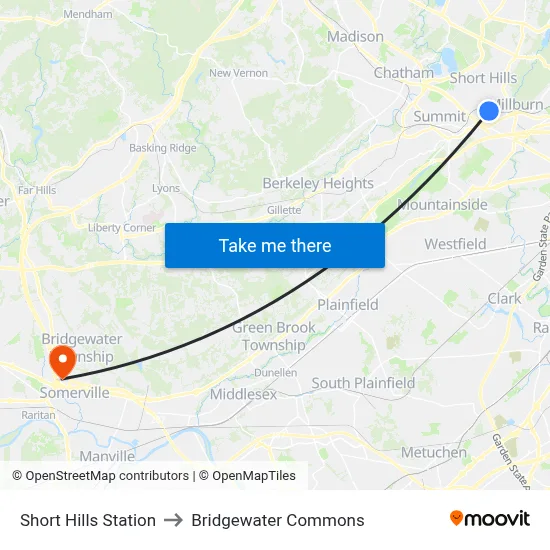 Short Hills Station to Bridgewater Commons map