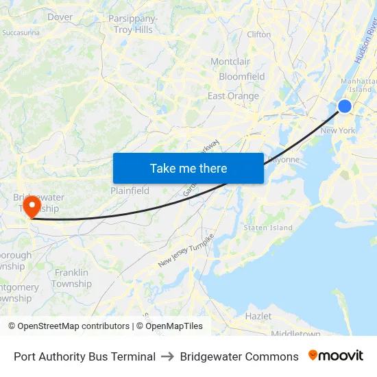 Port Authority Bus Terminal to Bridgewater Commons map