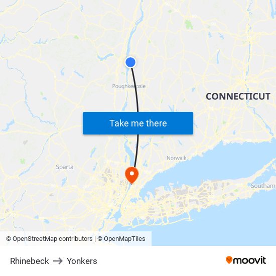 Rhinebeck to Yonkers map