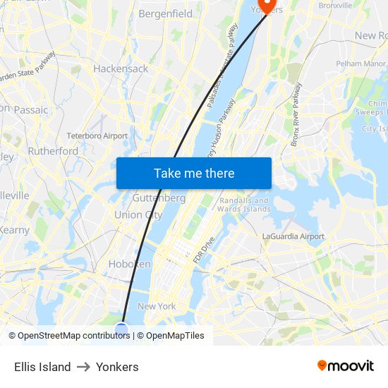 Ellis Island to Yonkers map