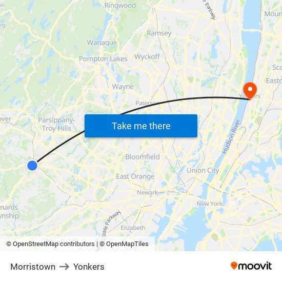 Morristown to Yonkers map