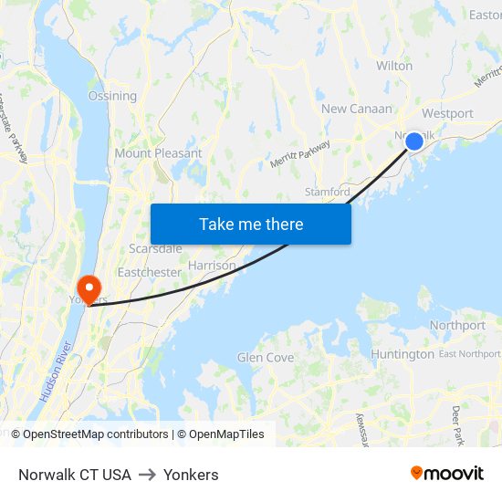 Norwalk CT USA to Yonkers map