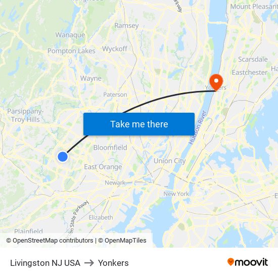 Livingston NJ USA to Yonkers map