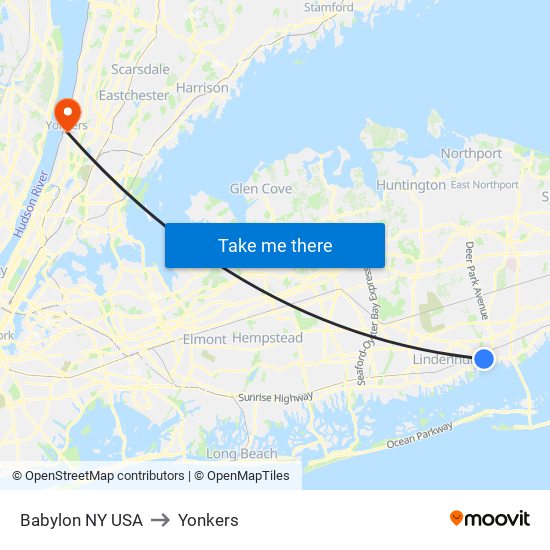 Babylon NY USA to Yonkers map