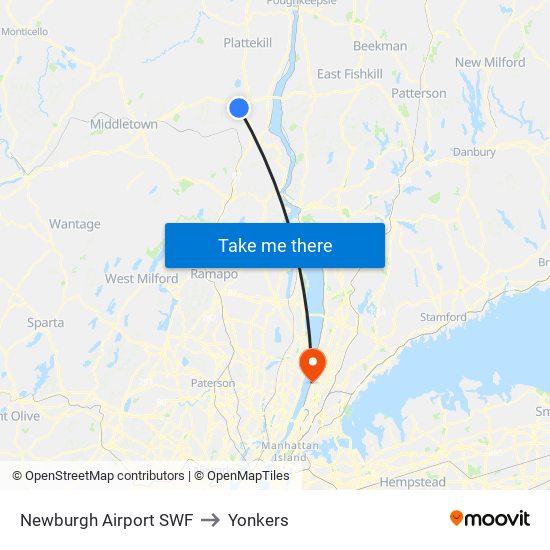 Newburgh Airport SWF to Yonkers map