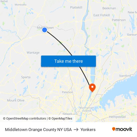 Middletown Orange County NY USA to Yonkers map