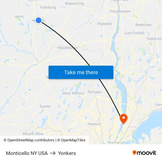 Monticello NY USA to Yonkers map
