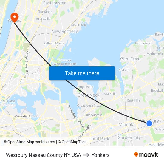 Westbury Nassau County NY USA to Yonkers map