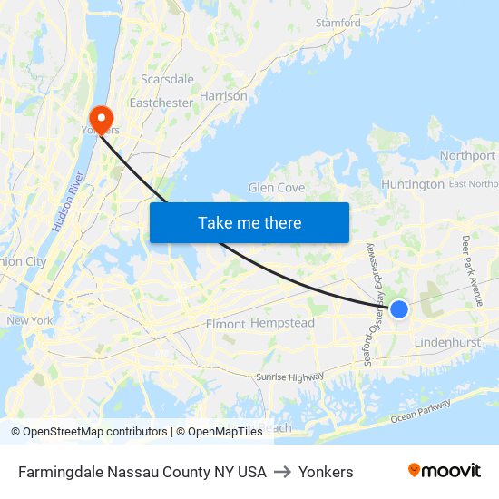 Farmingdale Nassau County NY USA to Yonkers map