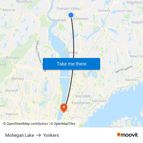 Mohegan Lake to Yonkers map