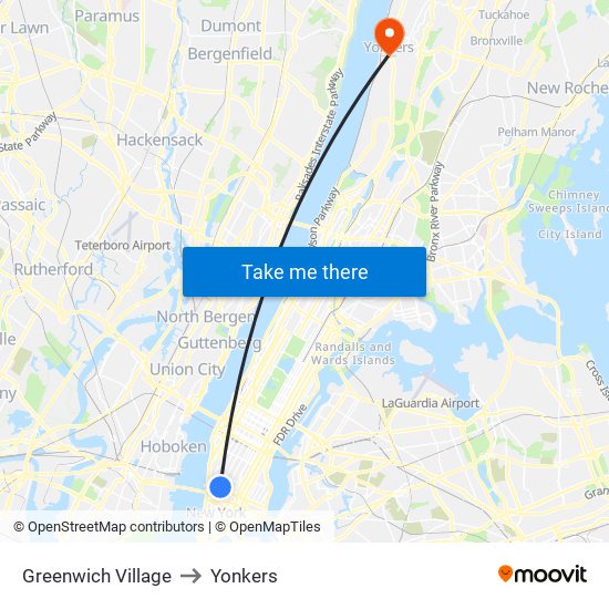 Greenwich Village to Yonkers map