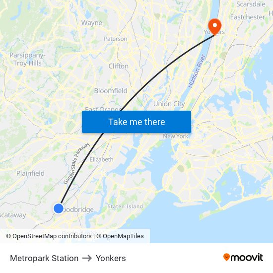 Metropark Station to Yonkers map