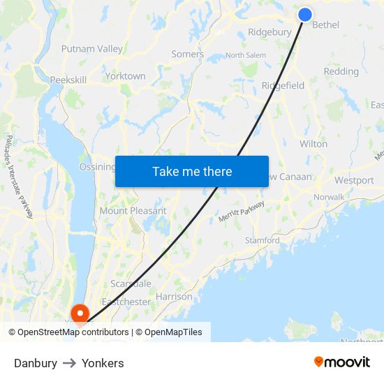 Danbury to Yonkers map